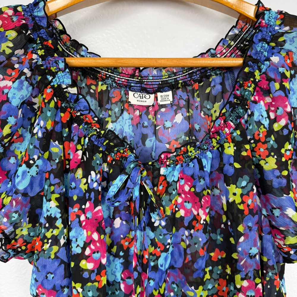 Cato Woman Floral Peasant Top 18/20W Multi Color Sheer Flutter Sleeve Blouse - Picture 2 of 12